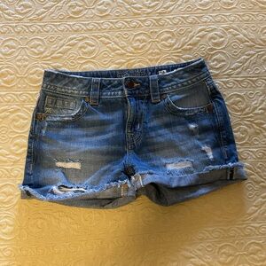 Miss Me Distressed Blue Denim Roll-Cuff Shorts